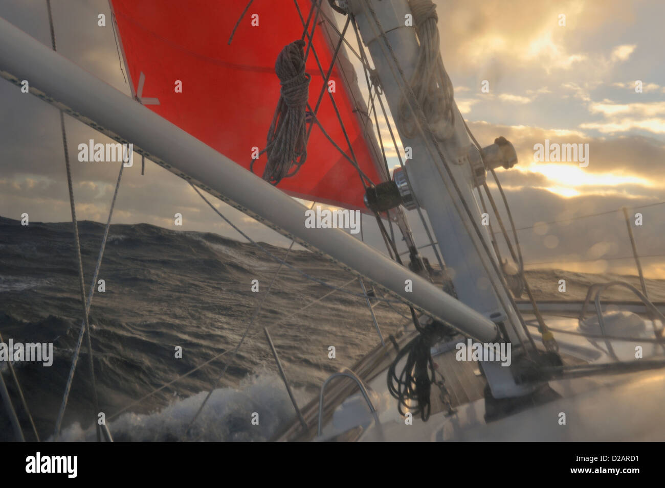 Cruising yacht sailing with a storm jib in the Tasman Sea on passage