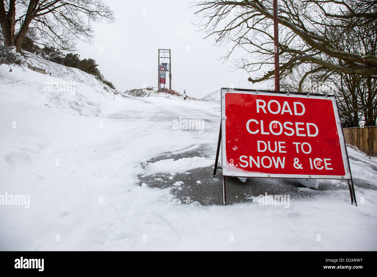 Road Closed Due To Snow and Ice Warning notice on the Burway, on the