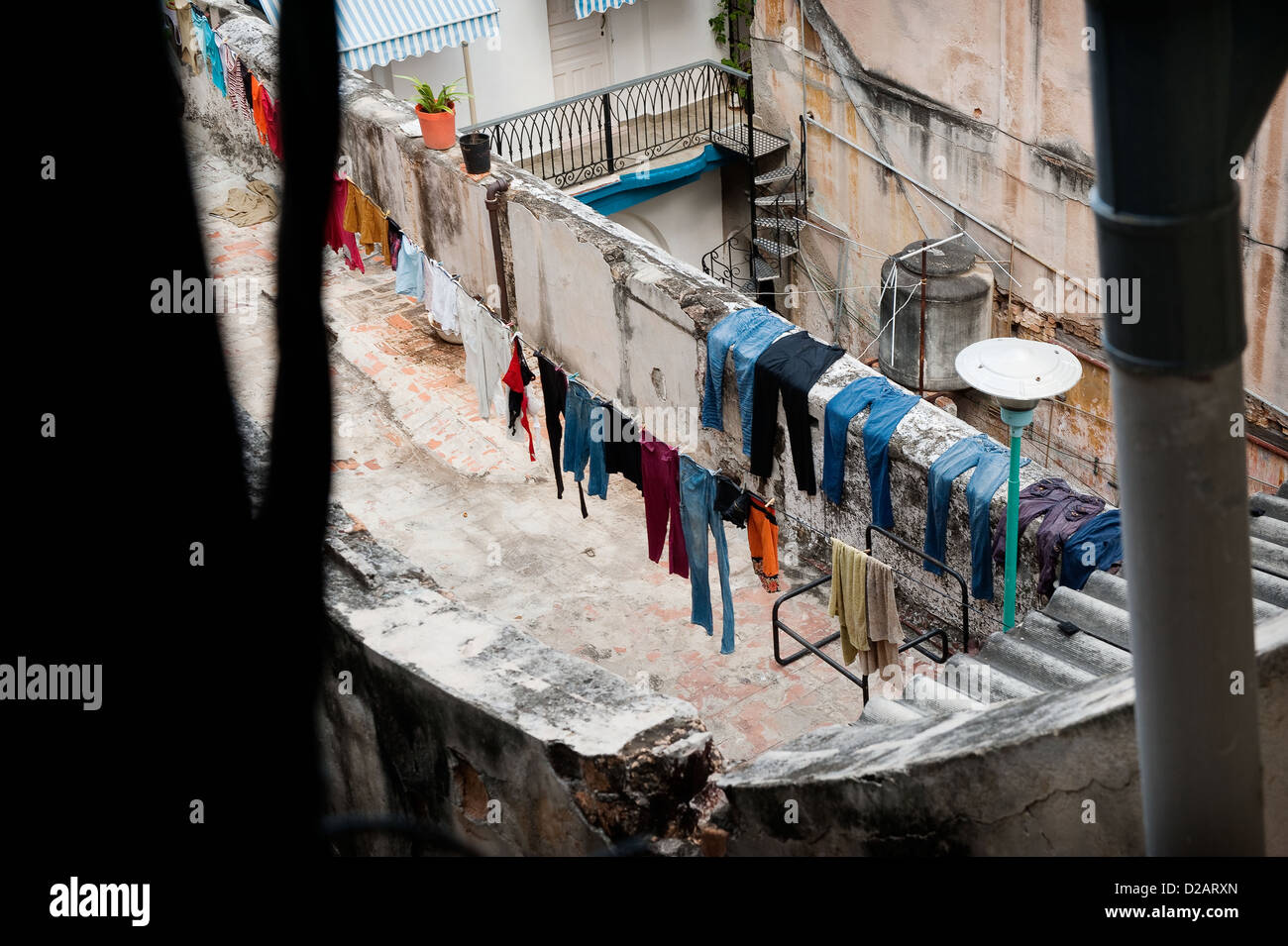 Aerial view of urban clothesline Stock Photo