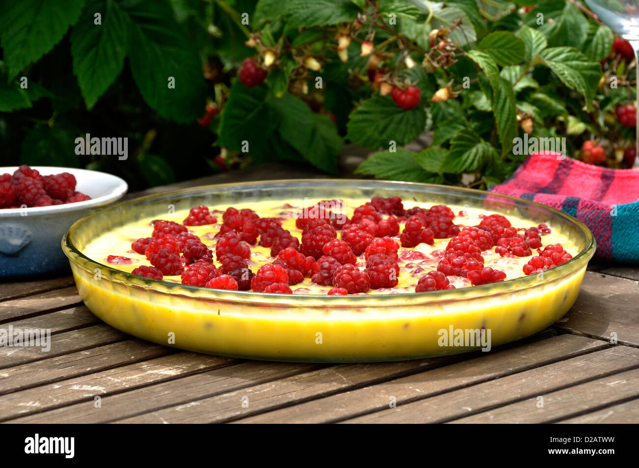 A dessert (Pouring custard) on the table of the garden with raspberries (Rubus idaeus). 'Potager de Suzanne', Le Pas, Mayenne. Stock Photo