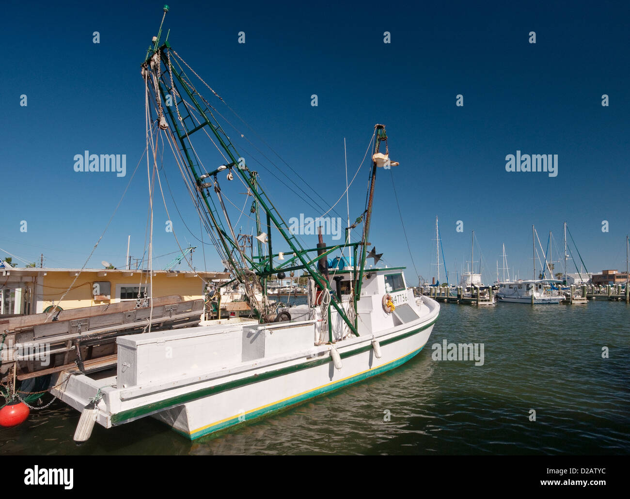 Outrigger trawler shrimp boat at port, Aransas Bay, Gulf of Mexico, Rockport, Gulf Coast, Texas, USA Stock Photo
