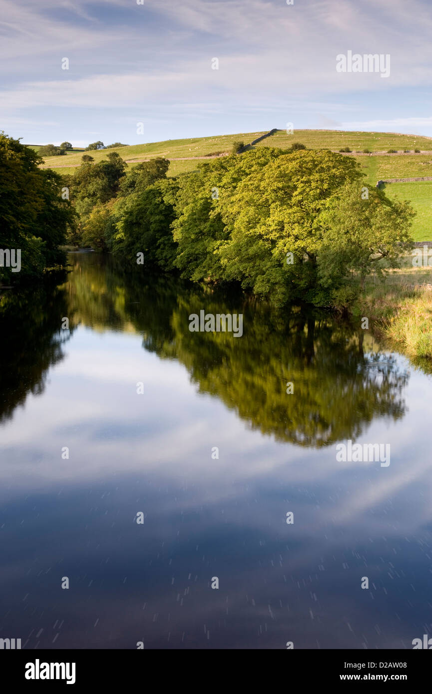 Mirror images on water & riverbank trees reflected on calm, still, scenic,  River Wharfe on sunny summer day - Burnsall, North Yorkshire, England, UK. Stock Photo