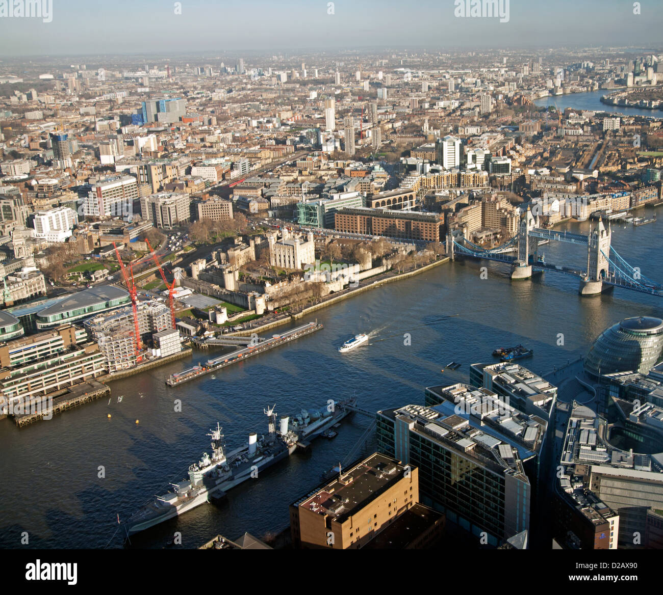 The View from The Shard, including Tower Bridge, The Tower of London, HMS Belfast and City Hall, London, England, Great Britain Stock Photo