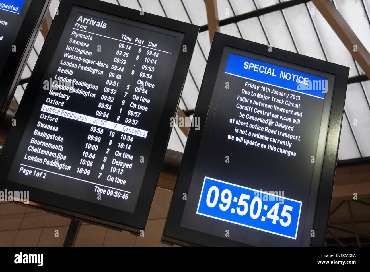 18th January 2013. Reading, Berkshire, UK. Electronic noticeboards at the town's central train station advise passengers of delays and cancellations to services. A special notice informs of a major track circuit failure in Wales. © Danny Callcut Stock Photo