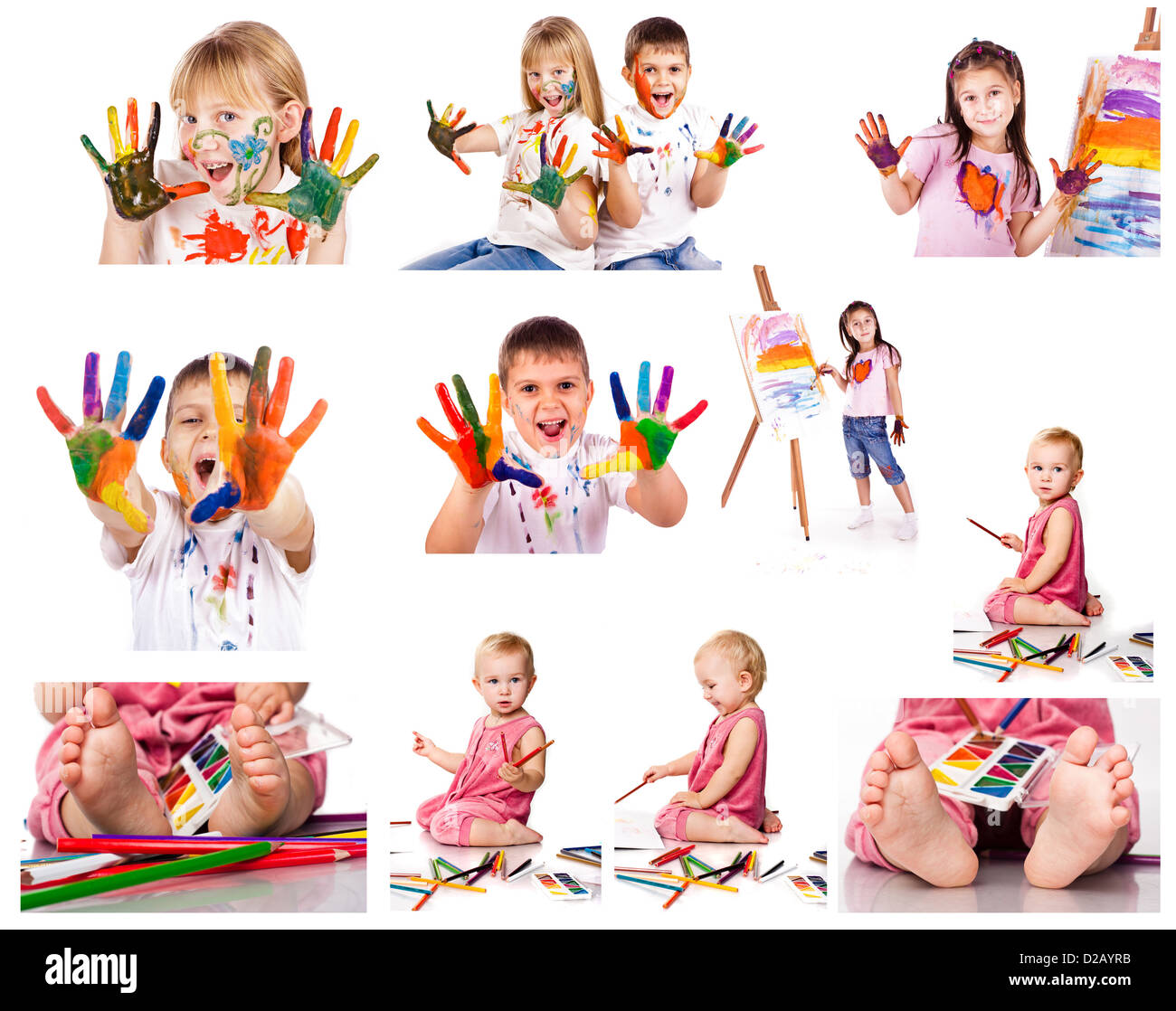 Collection of photos of kids painting with colors over white background