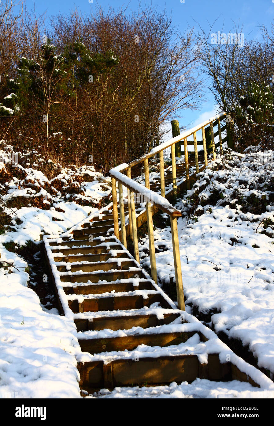 Country Public Footpath after snowfall Stock Photo