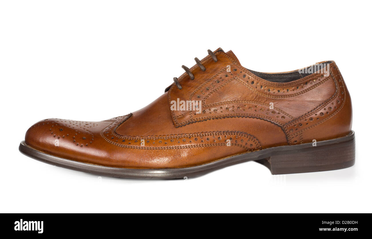 Side view of a stylish brown leather mens lace up shoe with elegant seam patterning for formal wear on white Stock Photo