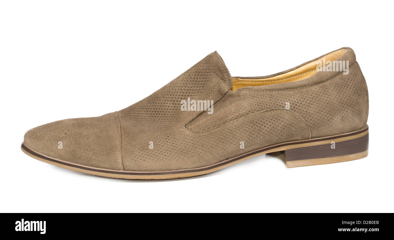 Stylish beige suede mens slip on shoe with a low heel for everyday smart casualwear on white Stock Photo
