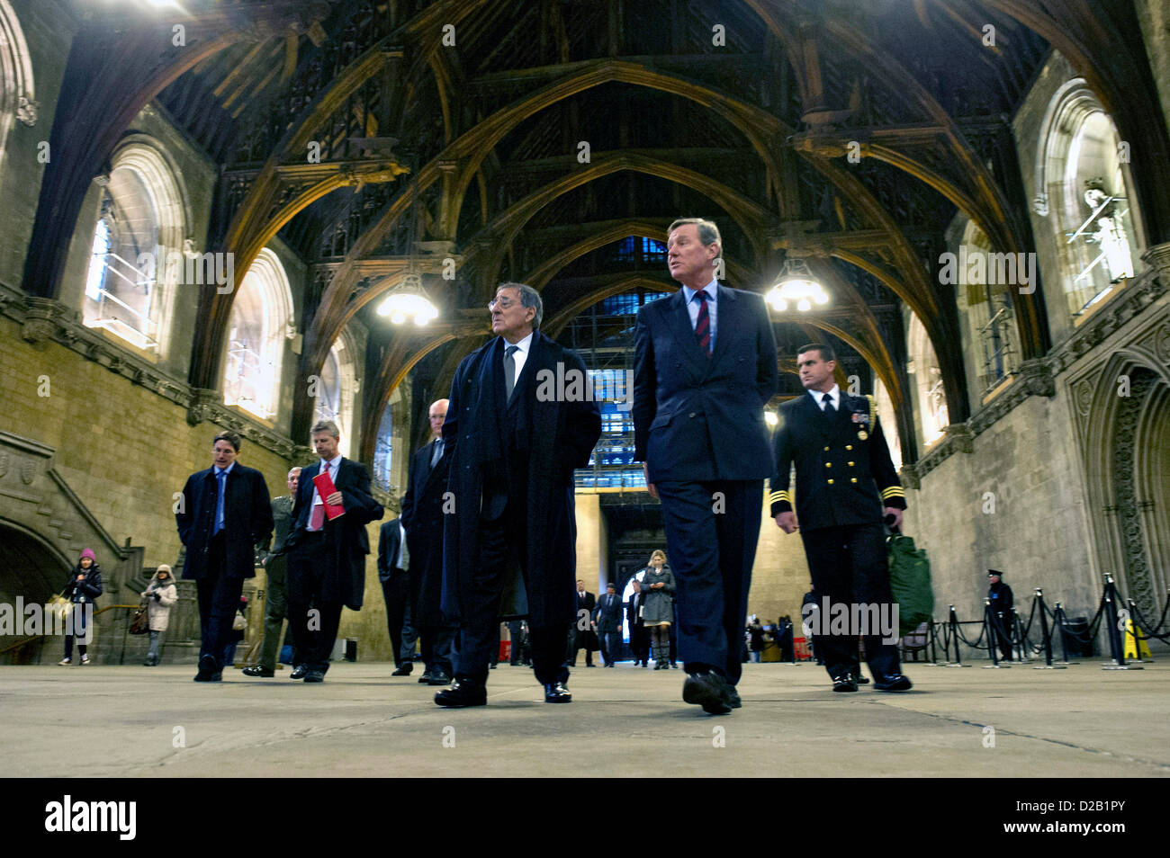 US Secretary of Defense Leon Panetta is given a tour of the Palace of Westminster and Parliament by Minister of State for the Armed Forces of the UK Andrew Robathan January 18, 2013 in London, England, UK. Panetta is on a six day trip to Europe to meet with leaders and US troops. Stock Photo