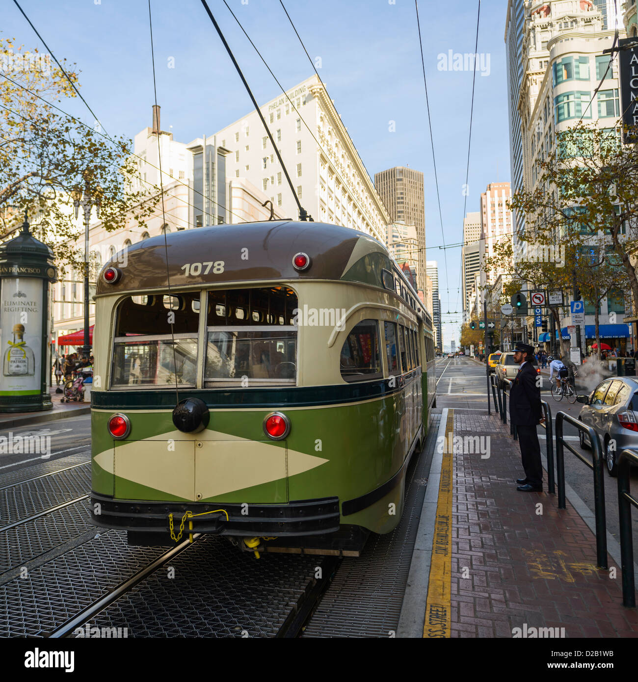 Tram stopped on Market Street, San Francisco, California, USA Stock Photo