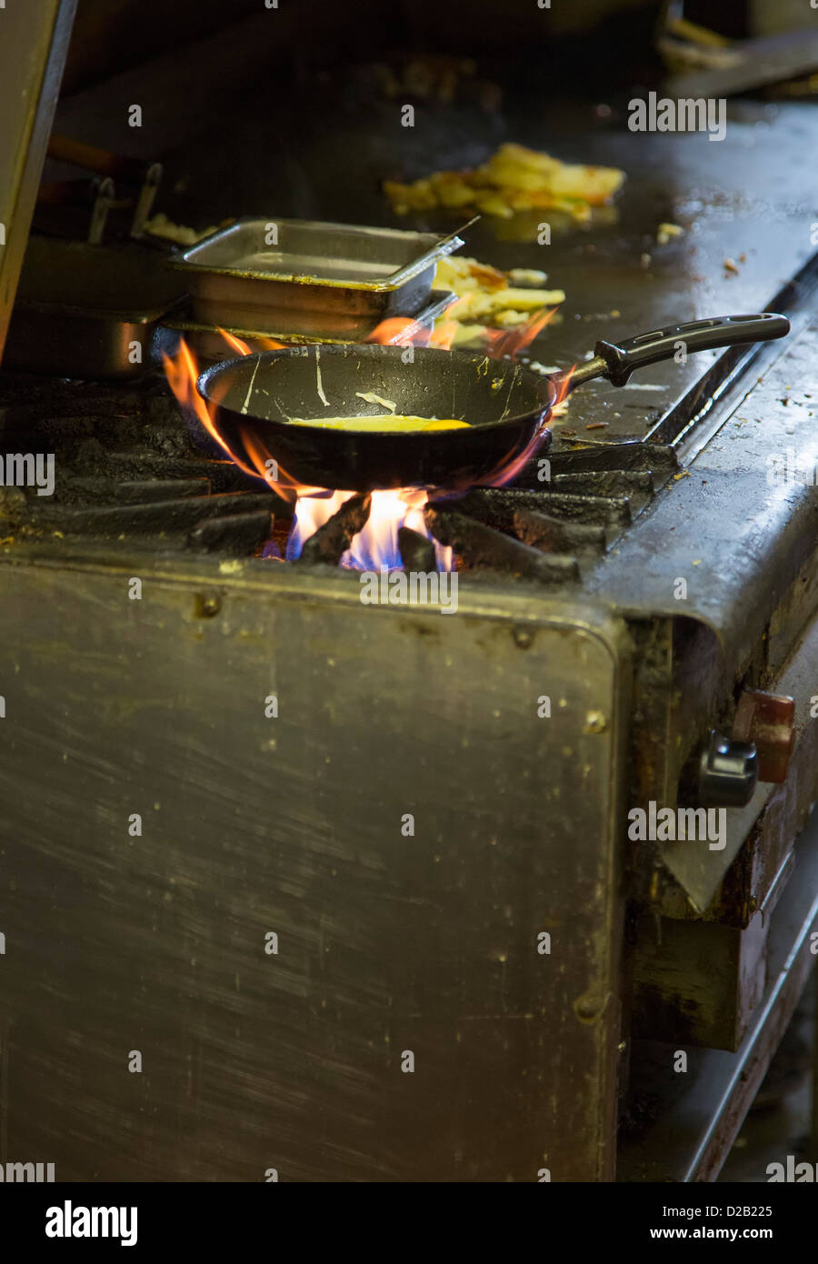 Detroit, Michigan - A breakfast order of eggs cooks in a greasy spoon diner. Stock Photo