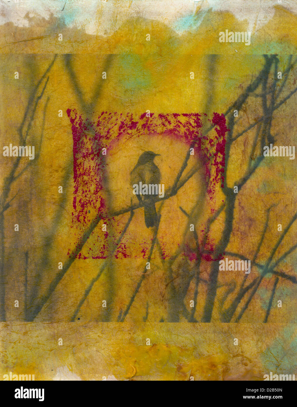 Mocking bird art with red square. Desert bird sitting on an Ocatillo branch. This is a mixed media artwork with encaustic overlays. Zen contemplative. Stock Photo