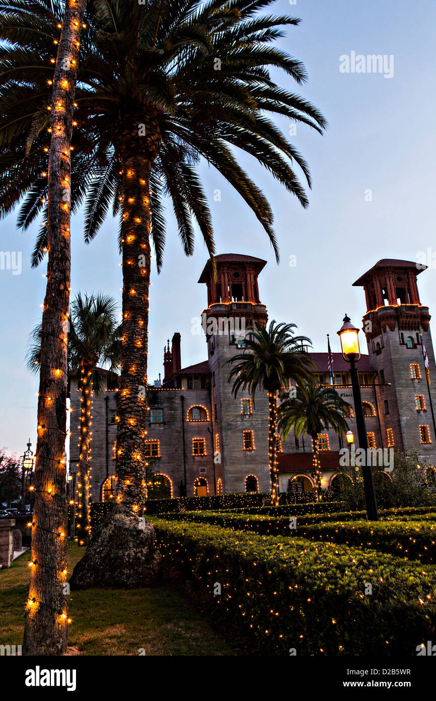 Christmas lights decorate the Lightner Museum in St. Augustine, Florida. The building was
