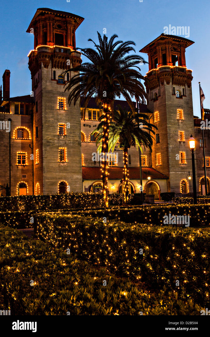 Christmas lights decorate the Lightner Museum in St. Augustine, Florida