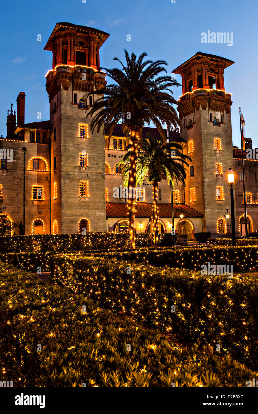 Christmas lights decorate the Lightner Museum in St. Augustine, Florida