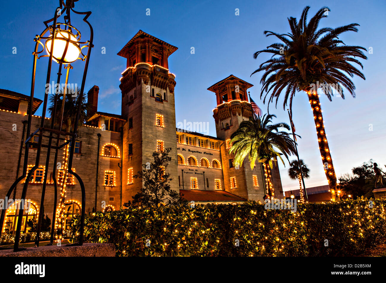 Christmas lights decorate the Lightner Museum in St. Augustine, Florida