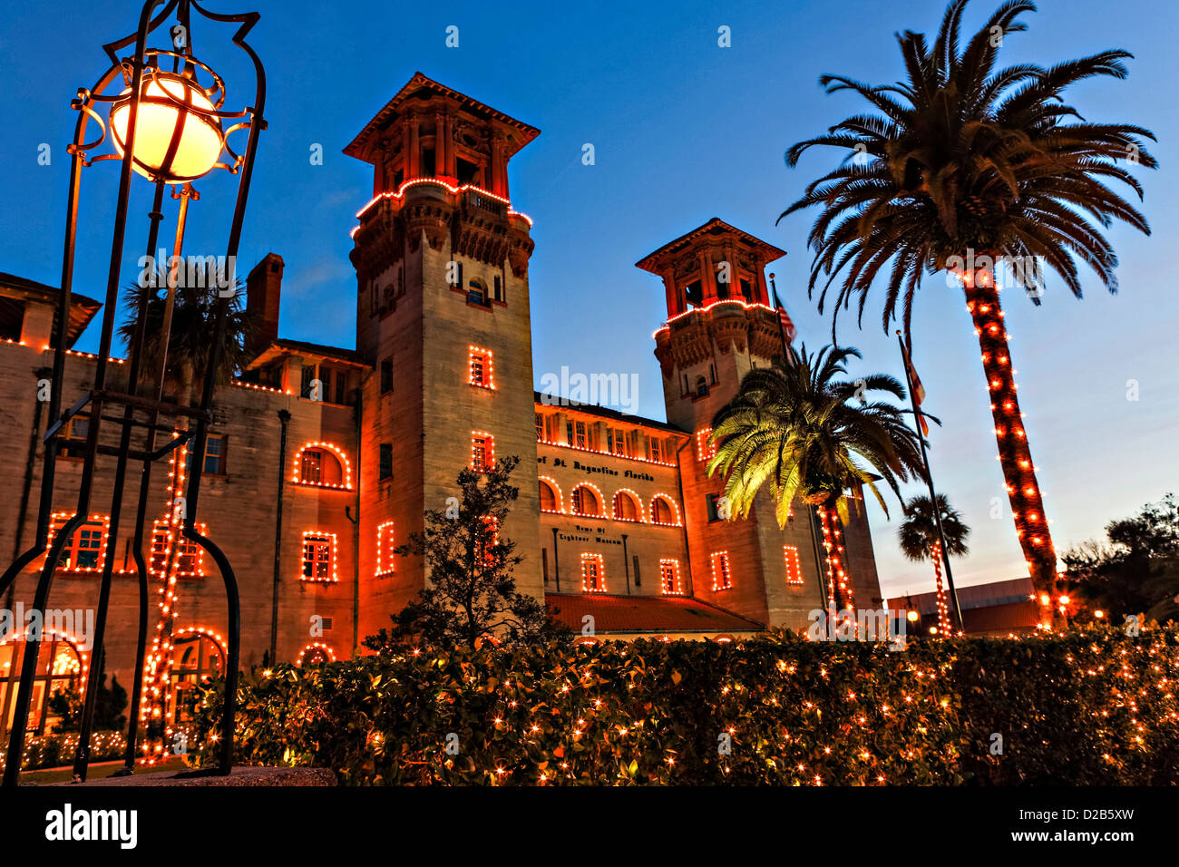 Christmas lights decorate the Lightner Museum in St. Augustine, Florida
