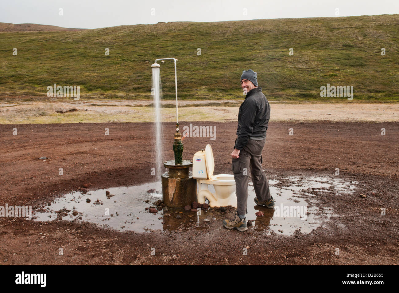 outdoor toilet and hot spring shower from geothermal power at the