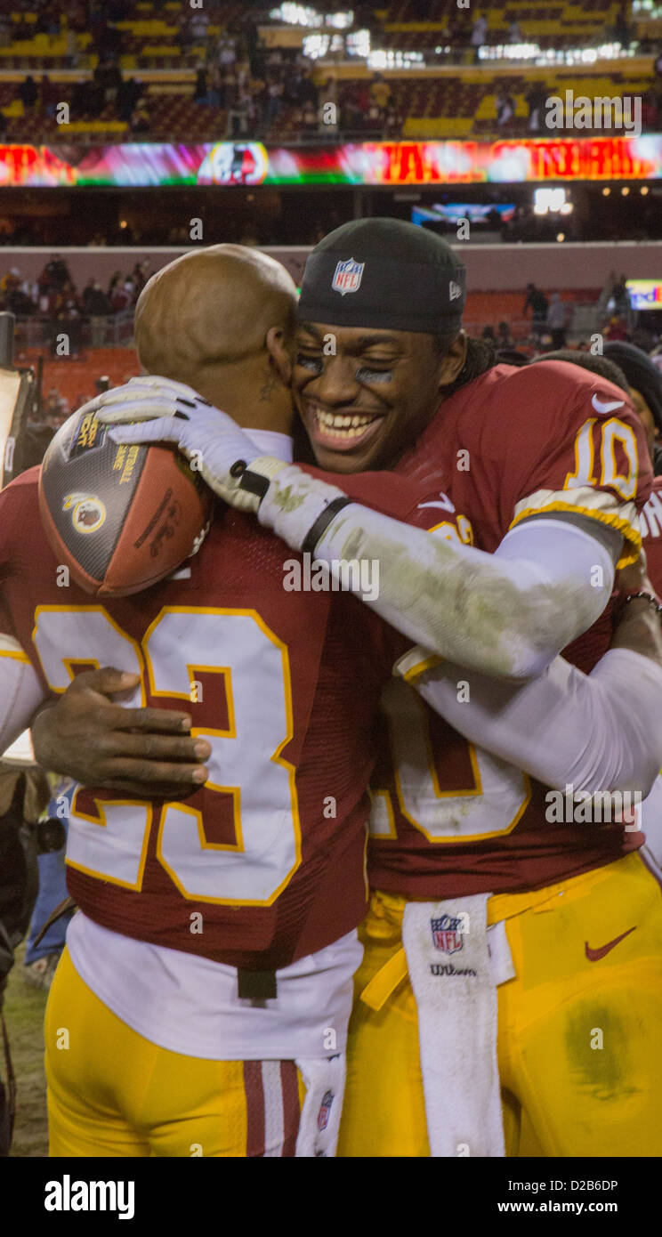 December 30th 2012, Robert Griffin III # 10 celebrates with DeAngelo Hall # 23, Redskins defeat Cowboys 28-18. Stock Photo