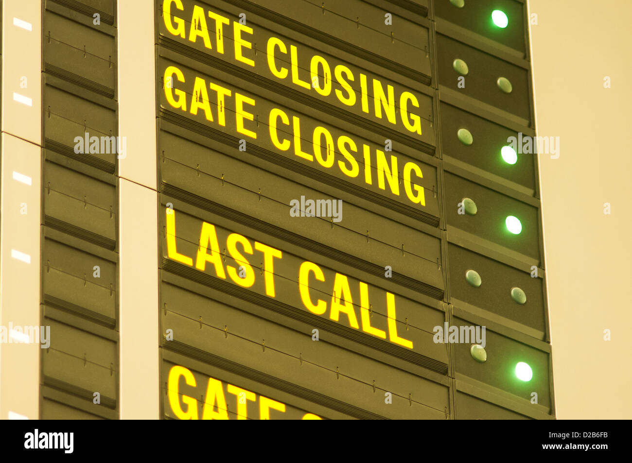 last call and gate closing message in airport flight information board. Stock Photo