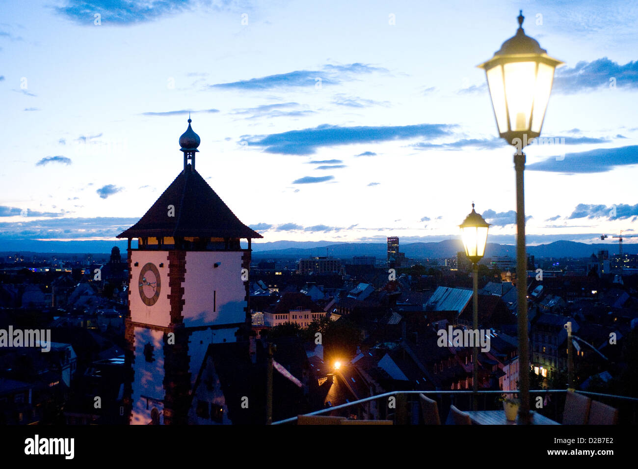 Freiburg, Germany, the tower of the old city gate and the Swabians in the evening light Stock Photo