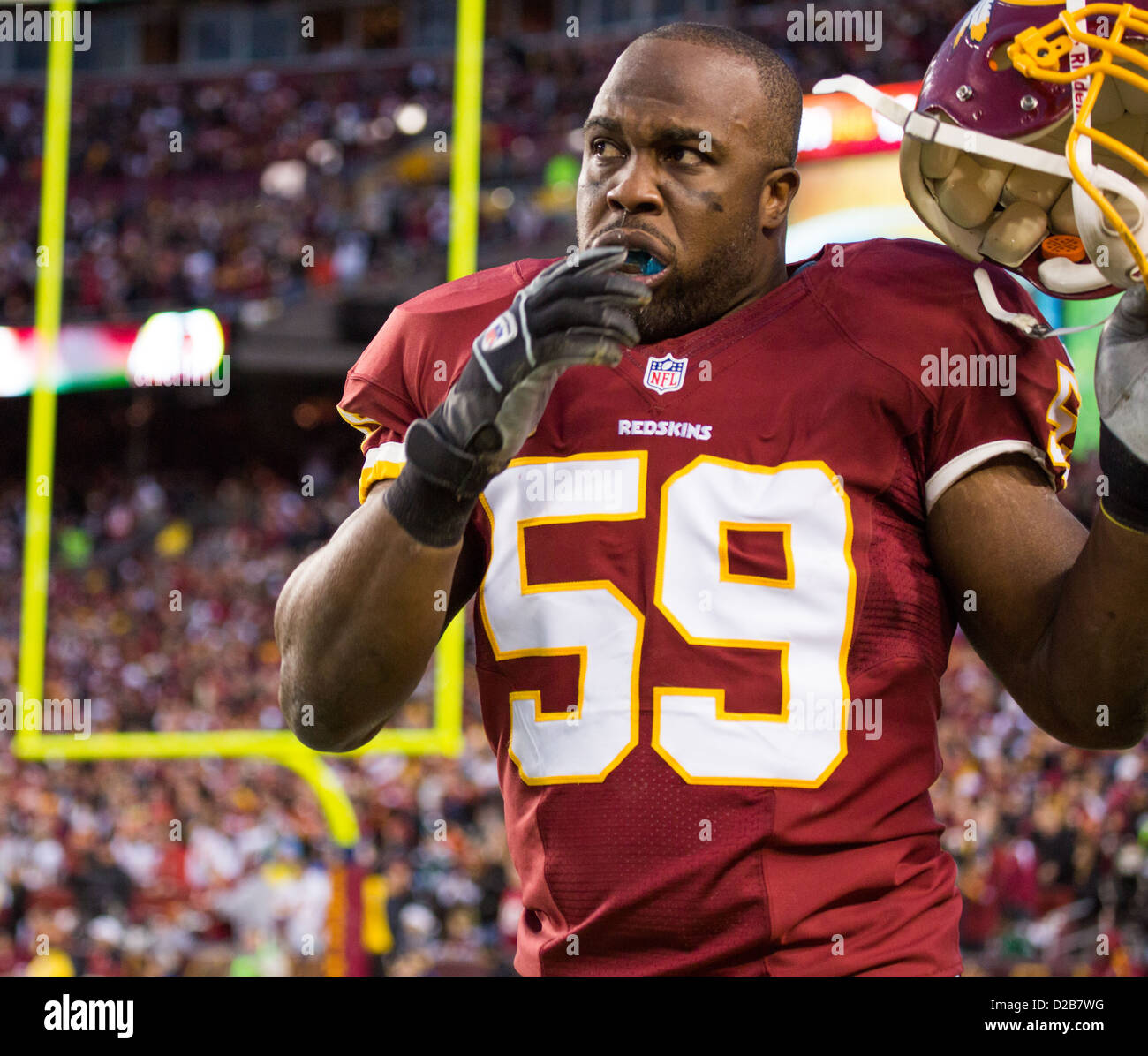 January 6th 2013, Washington Redskins, London Fletcher (59) walks off to the sideline after stopping the Seattle offense. . Stock Photo