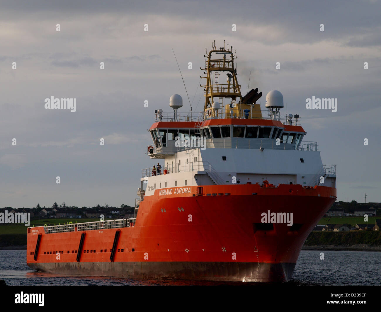 A North Sea supply ship docking at Scrabster Harbour, Caithness, the closest mainland harbour to the Atlantic Oil Fields. Stock Photo