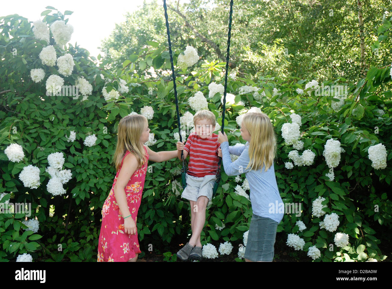 5 Year Old Boy On Swing With Sisters In Massachusetts Stock Photo