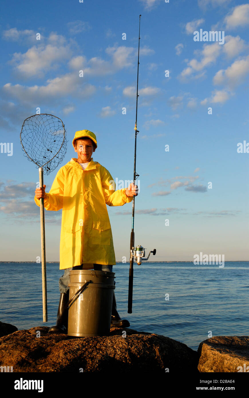 9 Year Old Boy With Fishing Gear, Yellow Slicker On Martha'S Vineyard