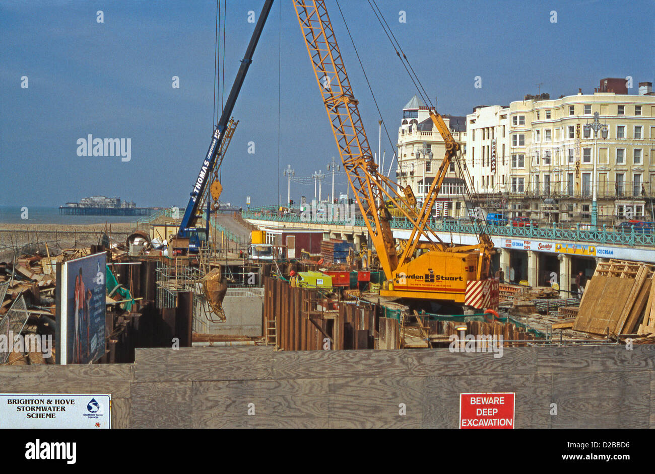 Construction of underground storm drainage works at Kings Road near the pier, Brighton, East Sussex, England, c 1995 Stock Photo