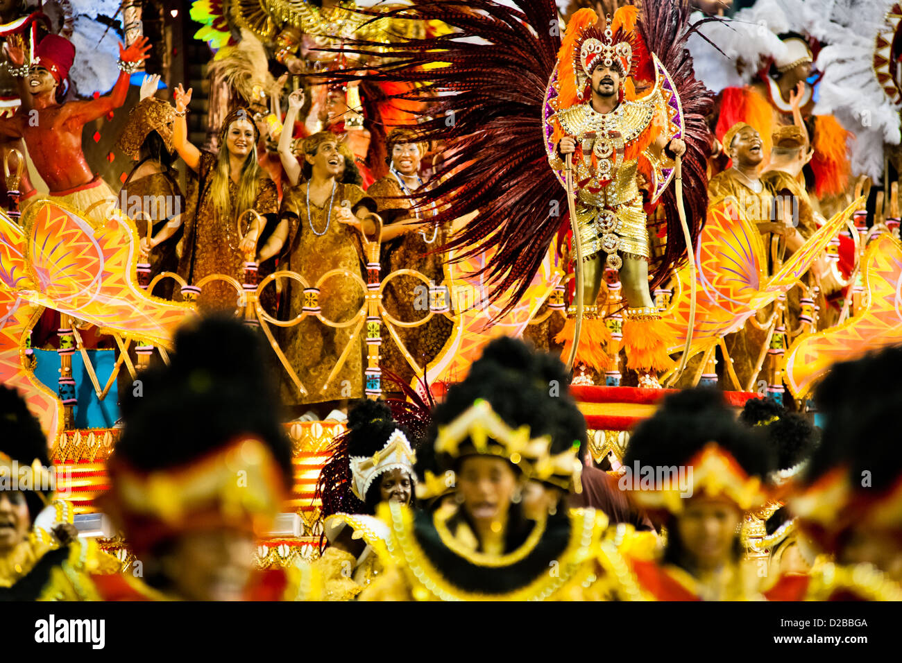 Dancers of Portela samba school perform during the Carnival parade at the Sambadrome in Rio de Janeiro, Brazil. Stock Photo