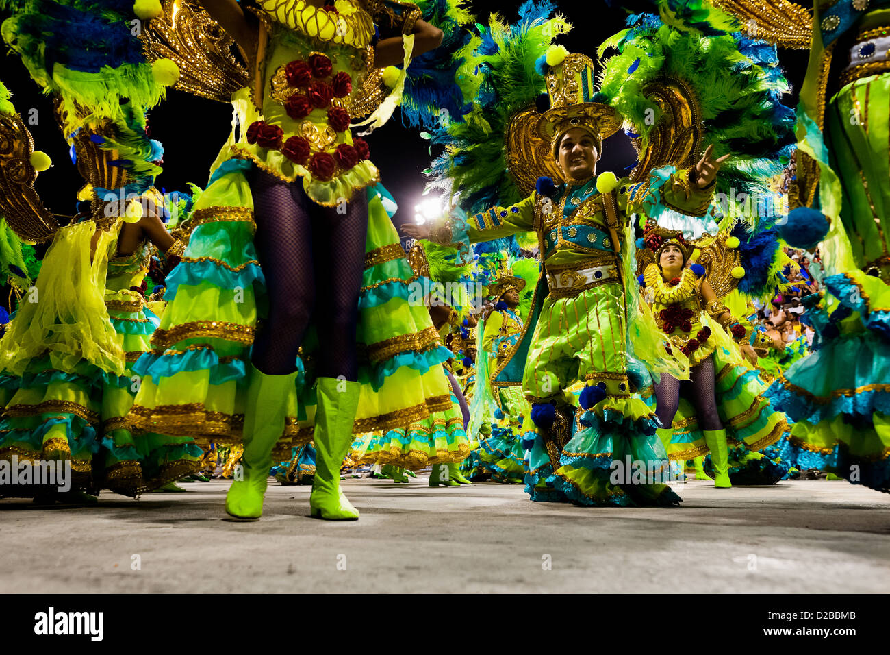 Dancers of Imperatriz samba school perform during the Carnival parade at the Sambadrome in Rio de Janeiro, Brazil. Stock Photo
