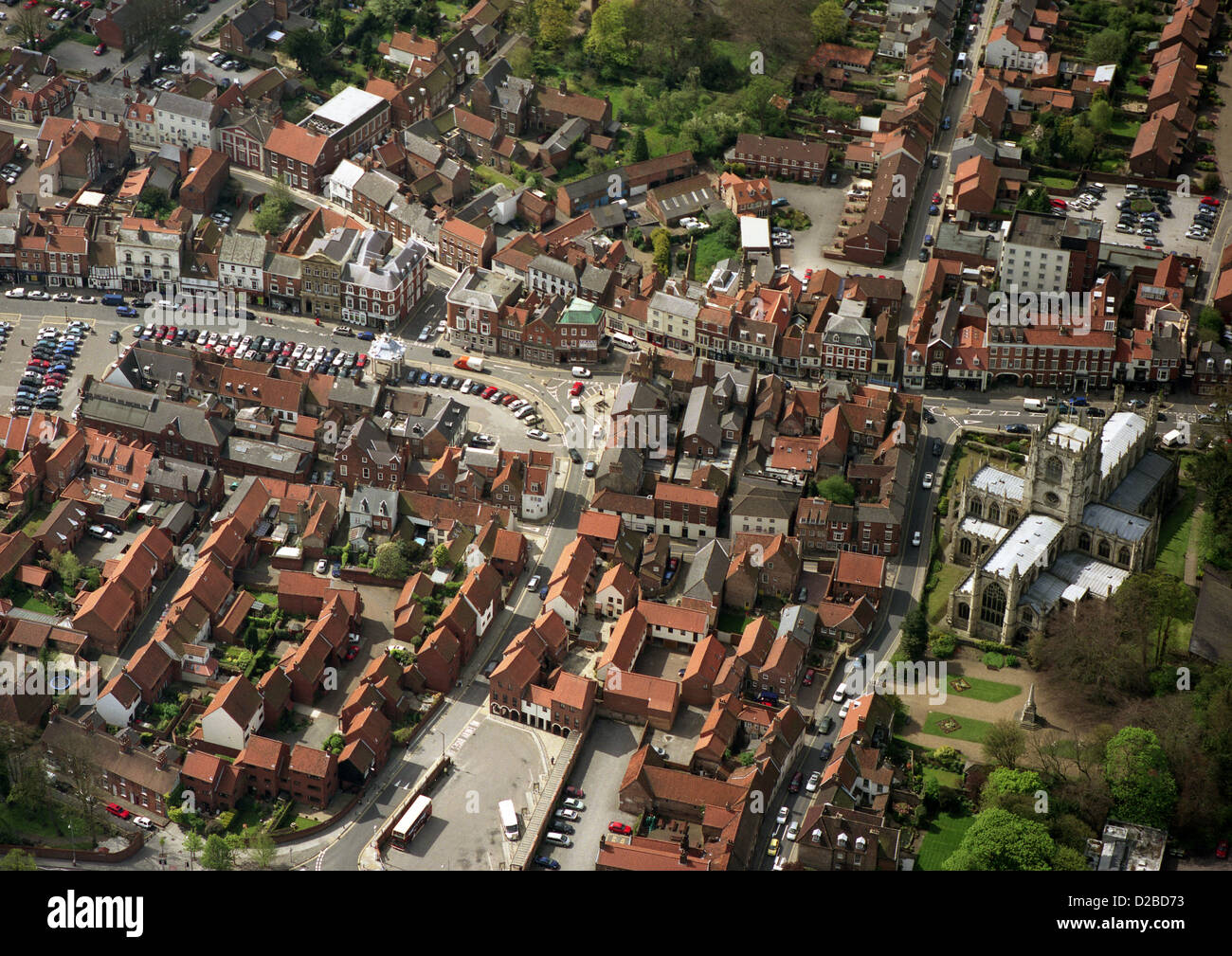 aerial view of Beverley town centre with the Market Cross, Market Square and St Mary's Church Stock Photo