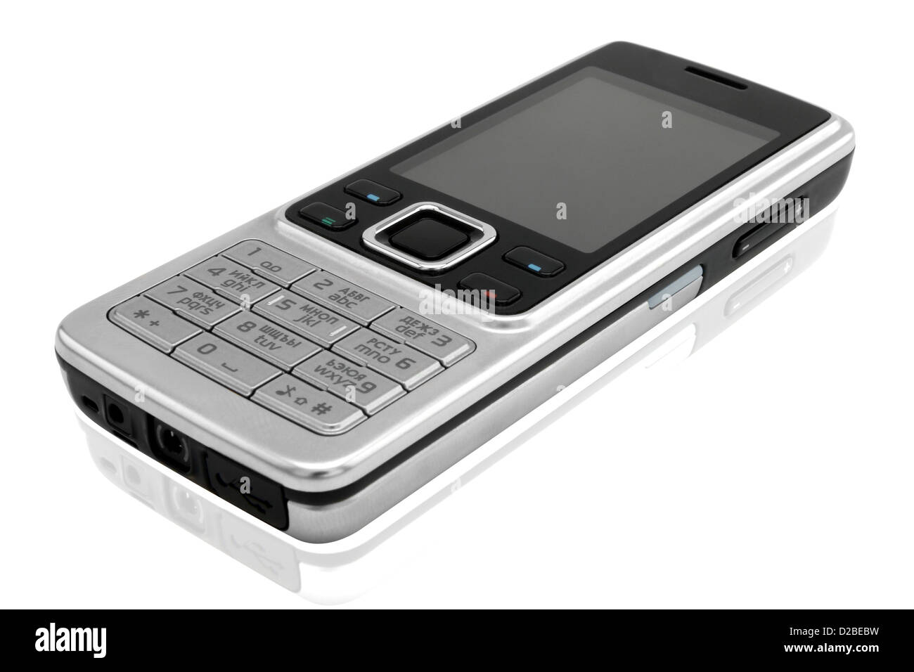 Modern silver mobile phone with reflection isolated on a white ...
