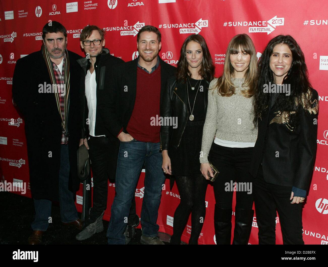 Alfred Molina, Jimmi Simpson, Sam Jaeger, Kaya Scodelario, Jessica Biel, Francesca Gregorini at arrivals for EMANUEL AND THE TRUTH ABOUT FISHES Premiere at 2013 Sundance Film Festival, Library Center Theatre, Park City, UT, USA. January 18, 2013. Photo By: James Atoa/Everett Collection/Alamy live news. Stock Photo
