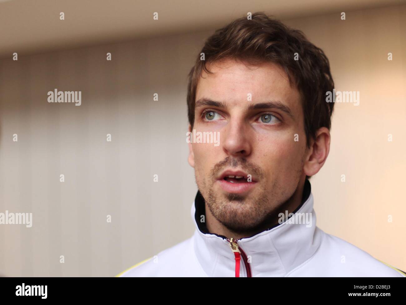 German player Adrian Pfahl attends a press conference of Team Germany during the men's Handball World Championships in Granollers, Spain, 19 January 2013. Photo: FABIAN STRATENSCHULTE Stock Photo