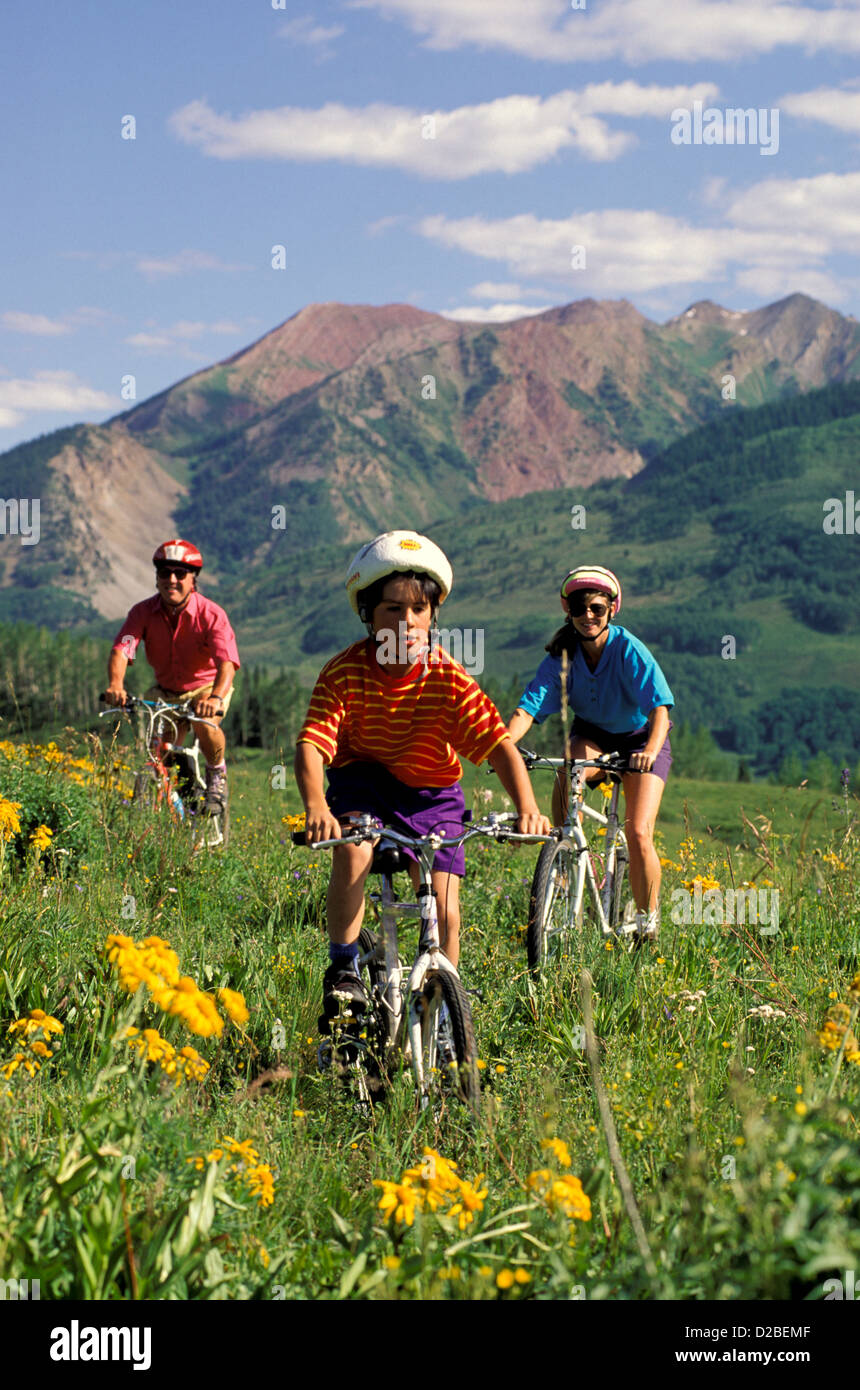 Couple With Seven Year Old Boy On Bicycles Stock Photo