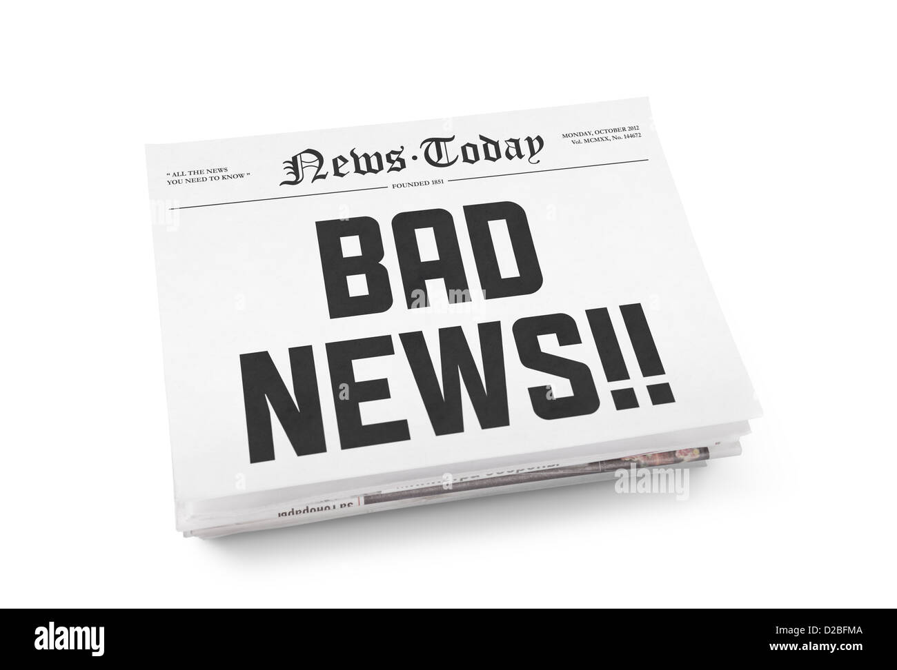 A stack of newspapers with headline 'Bad news' on a front page. Isolated on white. Stock Photo