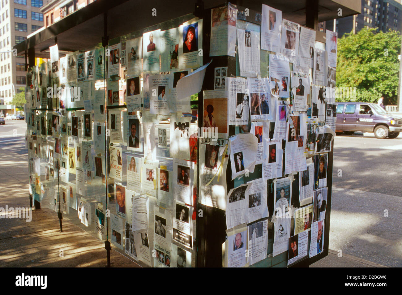 New York City, 9/11/2001. Bus Stop With Photos Of Victims Of World Trade Center Attack Stock Photo