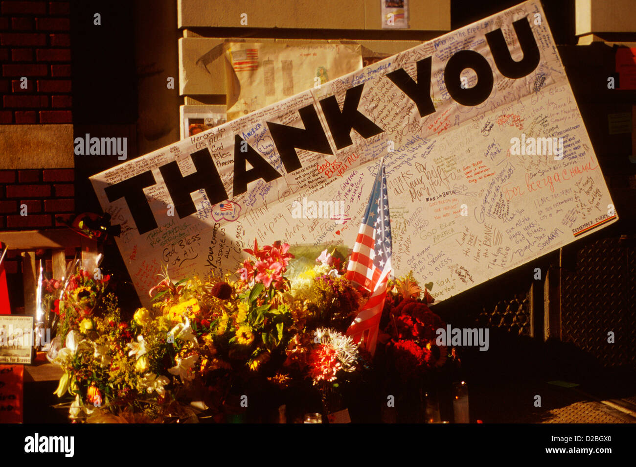 New York City, 9/11/2001. Memorial Thanking Firefighters Following World Trade Center Attack. Stock Photo