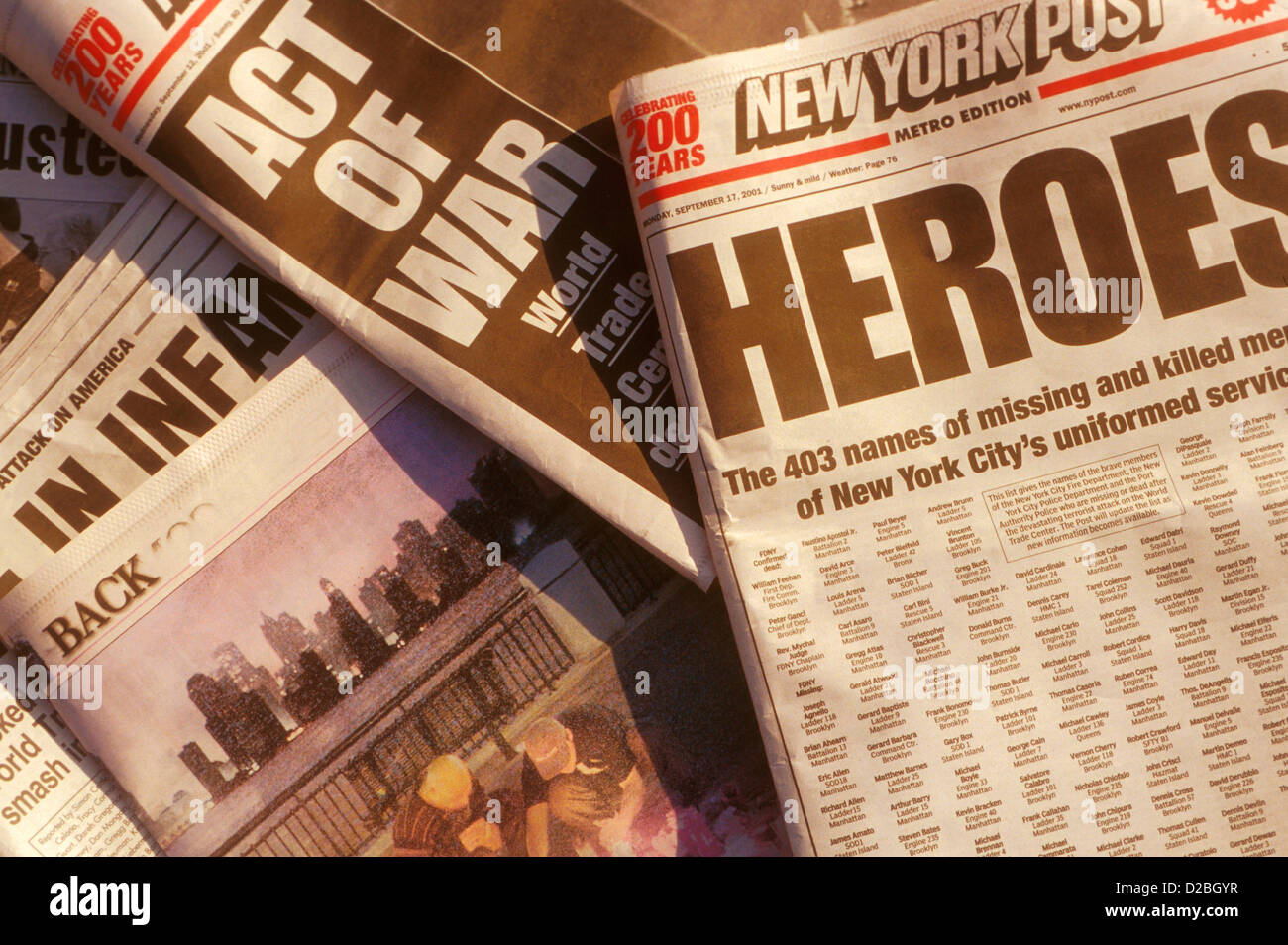 New York City, 9/11/2001. Newspaper Headlines Following World Trade Center Attack Stock Photo