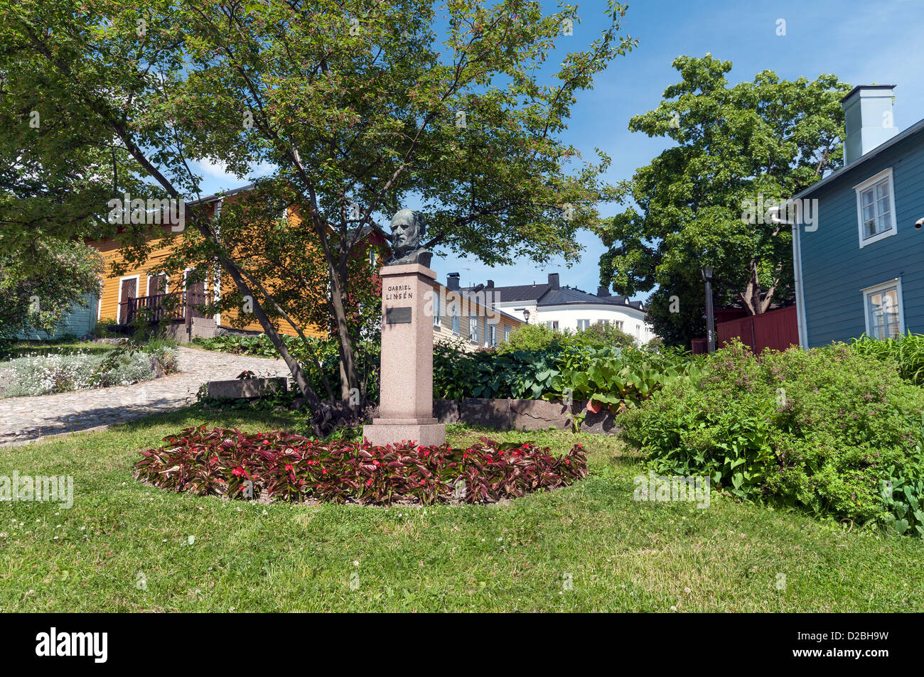 Statue of the Finnish artist Albert Edelfelt which faces the manor house where he was born in Old Porvoo, Finland Stock Photo