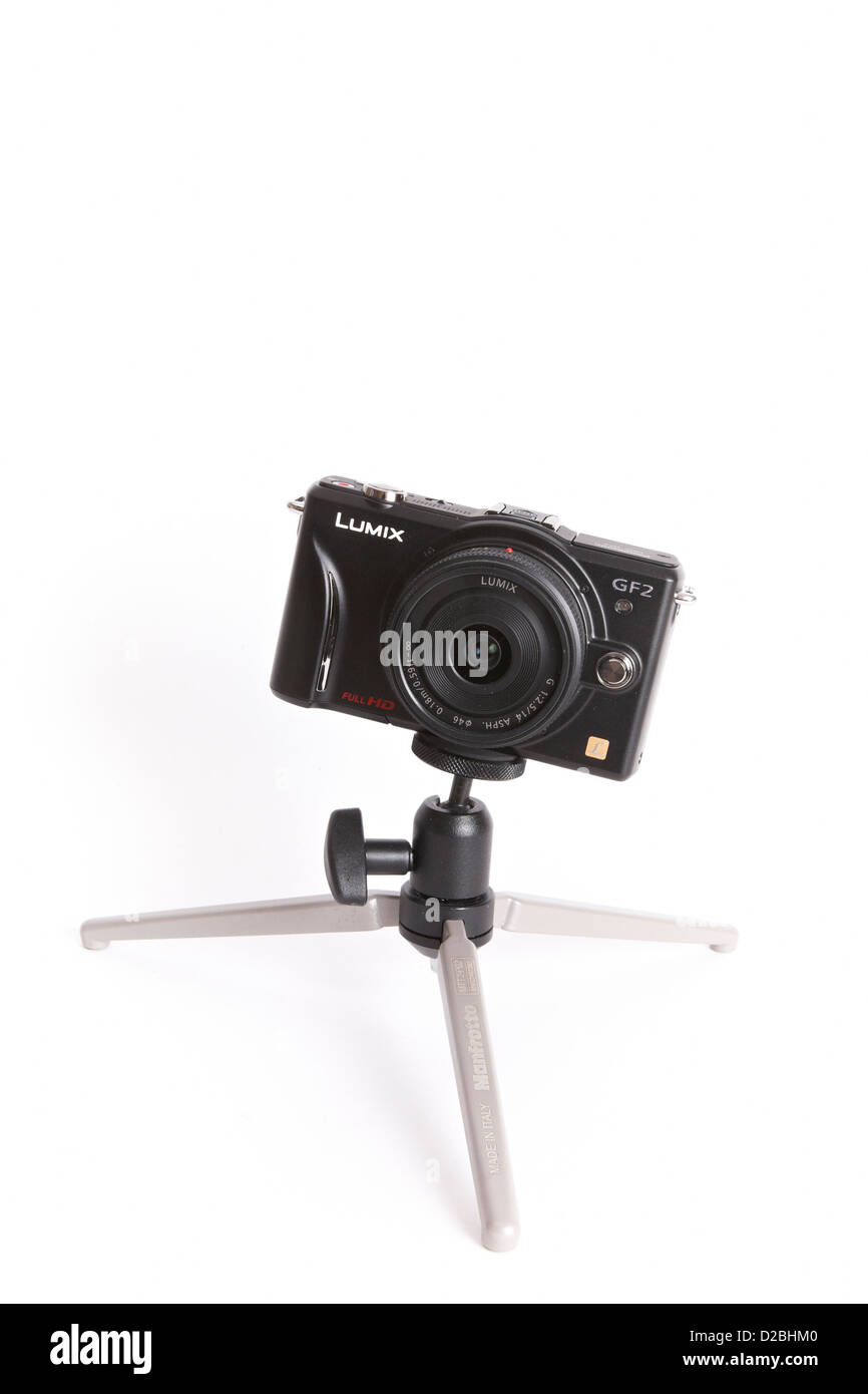 Panasonic Lumix GF2 digital camera on a mini Manfrotto tripod Stock Photo