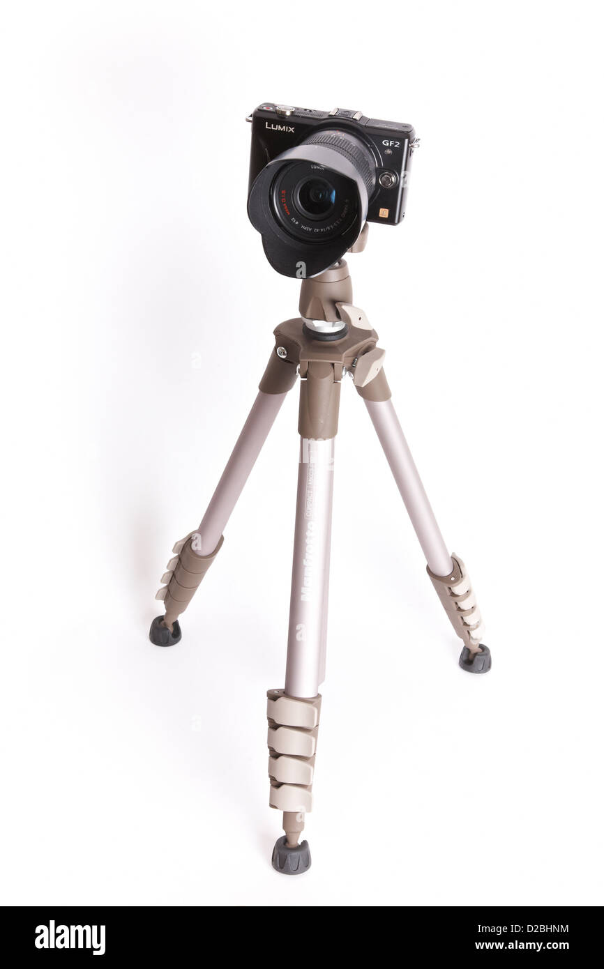 Panasonic GF2 digital camera on a Manfrotto tripod Stock Photo
