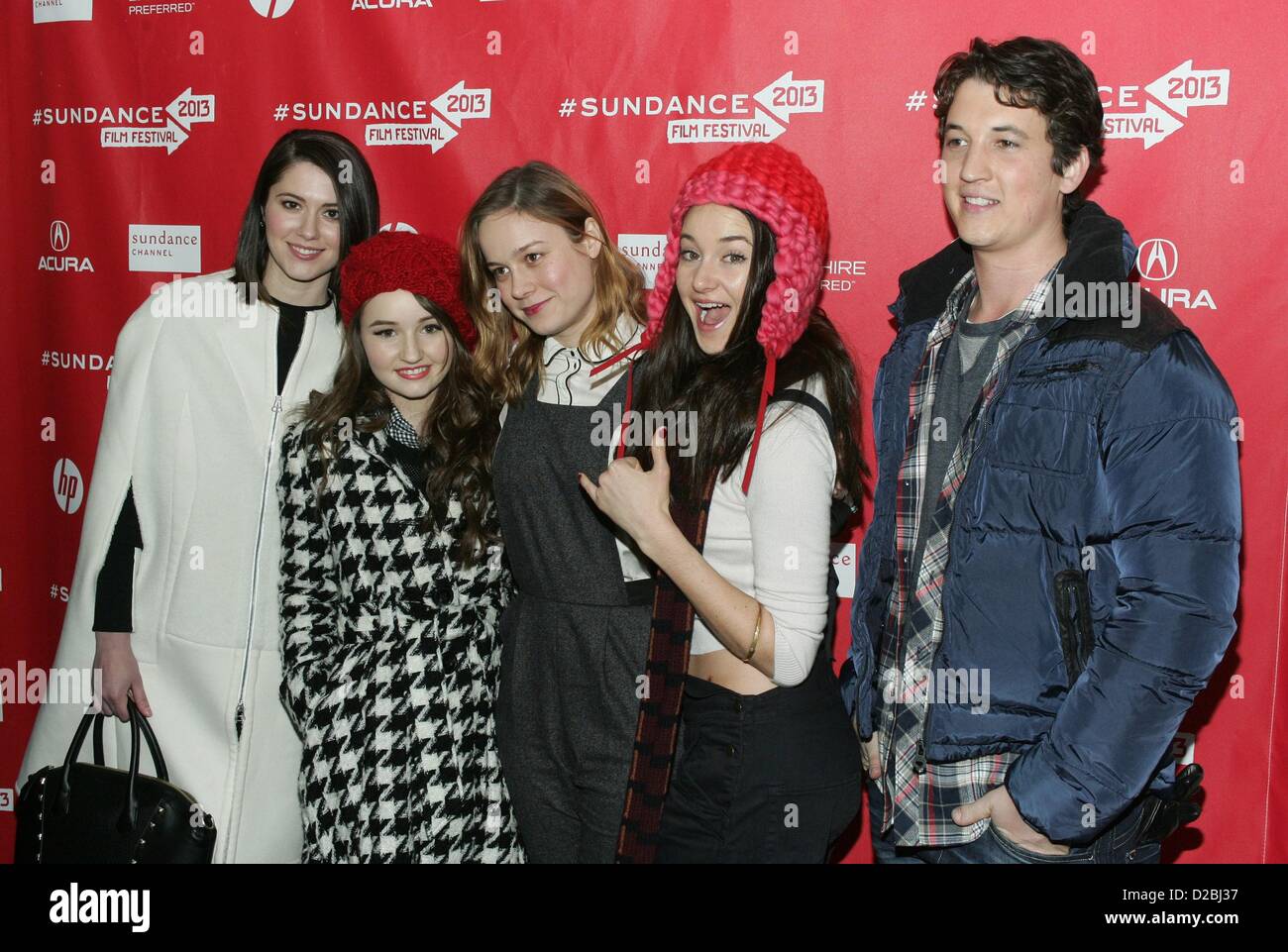 Mary Elizabeth Winstead, Kaitlyn Dever, Brie Larson, Shailene Woodley, Miles Teller at arrivals for THE SPECTACULAR NOW Premiere at 2013 Sundance Film Festival, Library Center Theatre, Park City, UT January 18, 2013. Photo By: James Atoa/Everett Collection Stock Photo