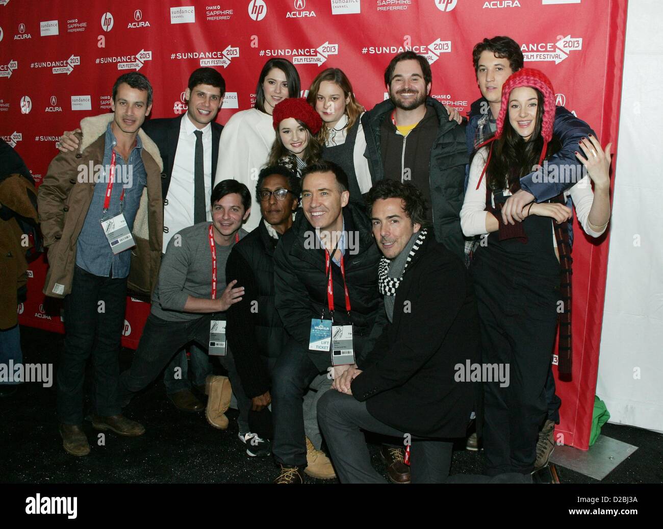 Andrew Lauren, Michael H. Weber, Mary Elizabeth Winstead, Kaitlyn Dever, Brie Larson, James Ponsoldt, Miles Teller, Shailene Woodley, Scott Neustadter, Andre Royo, Tom McNulty, Shawn Levy at arrivals for THE SPECTACULAR NOW Premiere at 2013 Sundance Film Festival, Library Center Theatre, Park City, UT January 18, 2013. Photo By: James Atoa/Everett Collection Stock Photo