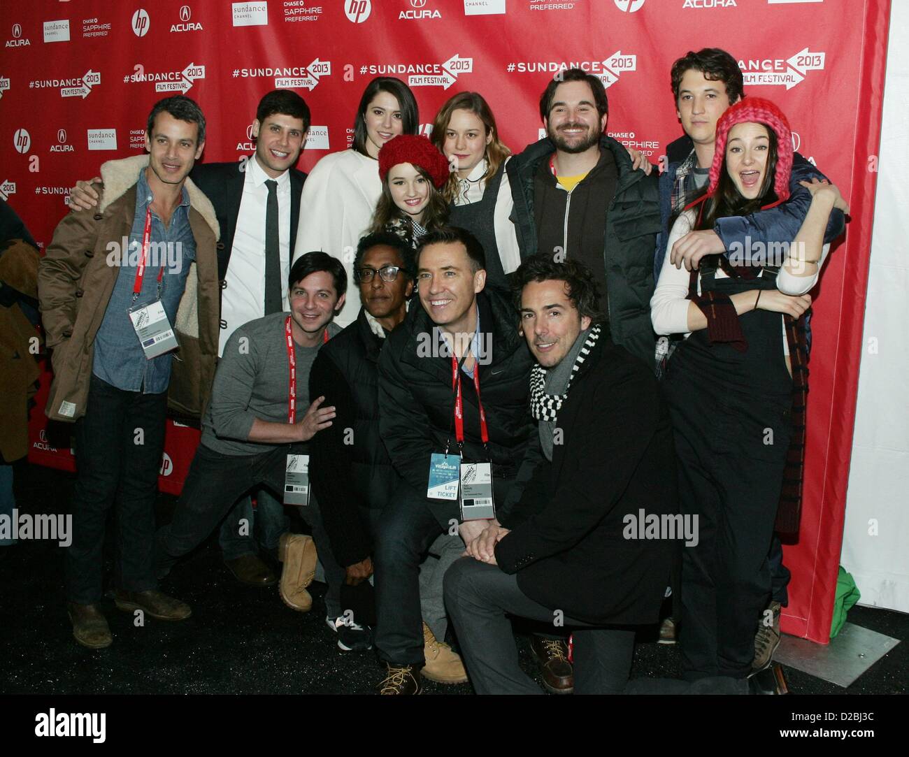 Andrew Lauren, Michael H. Weber, Mary Elizabeth Winstead, Kaitlyn Dever, Brie Larson, James Ponsoldt, Miles Teller, Shailene Woodley, Scott Neustadter, Andre Royo, Tom McNulty, Shawn Levy at arrivals for THE SPECTACULAR NOW Premiere at 2013 Sundance Film Festival, Library Center Theatre, Park City, UT January 18, 2013. Photo By: James Atoa/Everett Collection Stock Photo