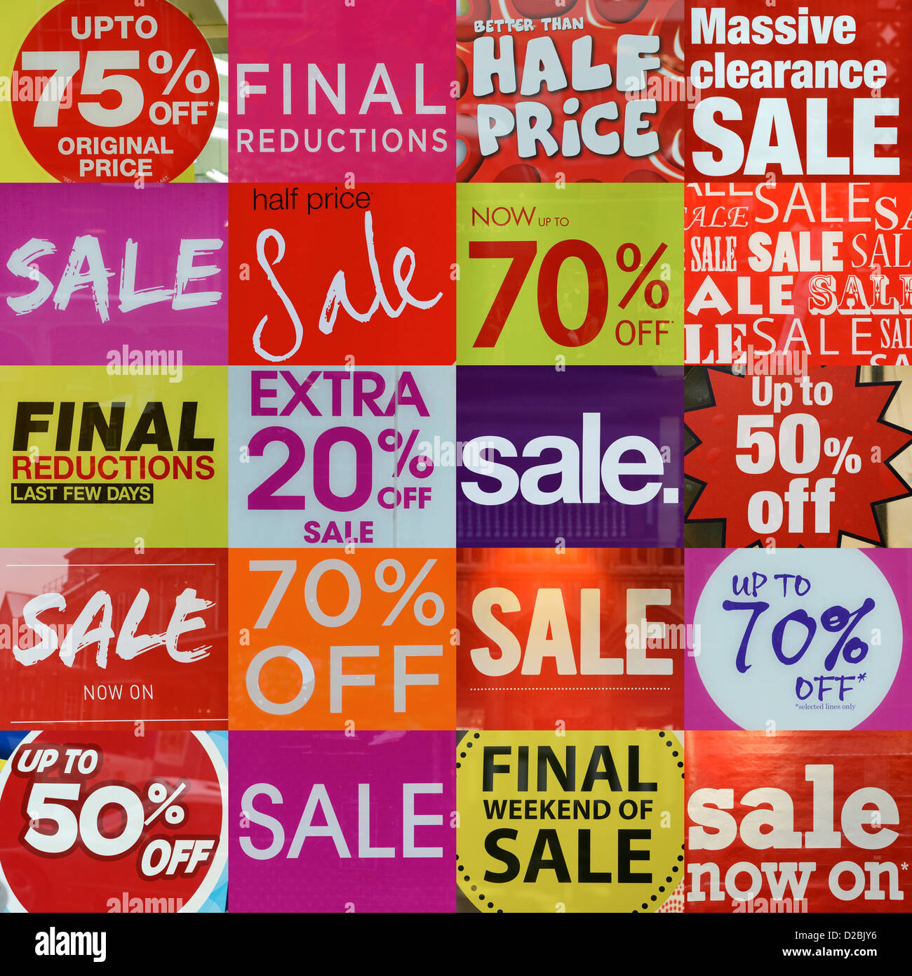 Montage of sale signs in shop windows Stock Photo