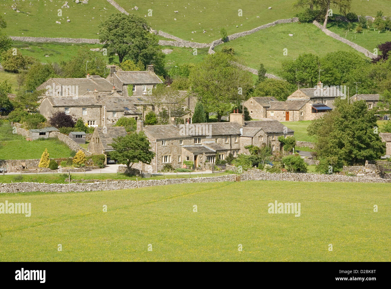 View across Littondale to the village of Litton, Yorkshire, UK Stock