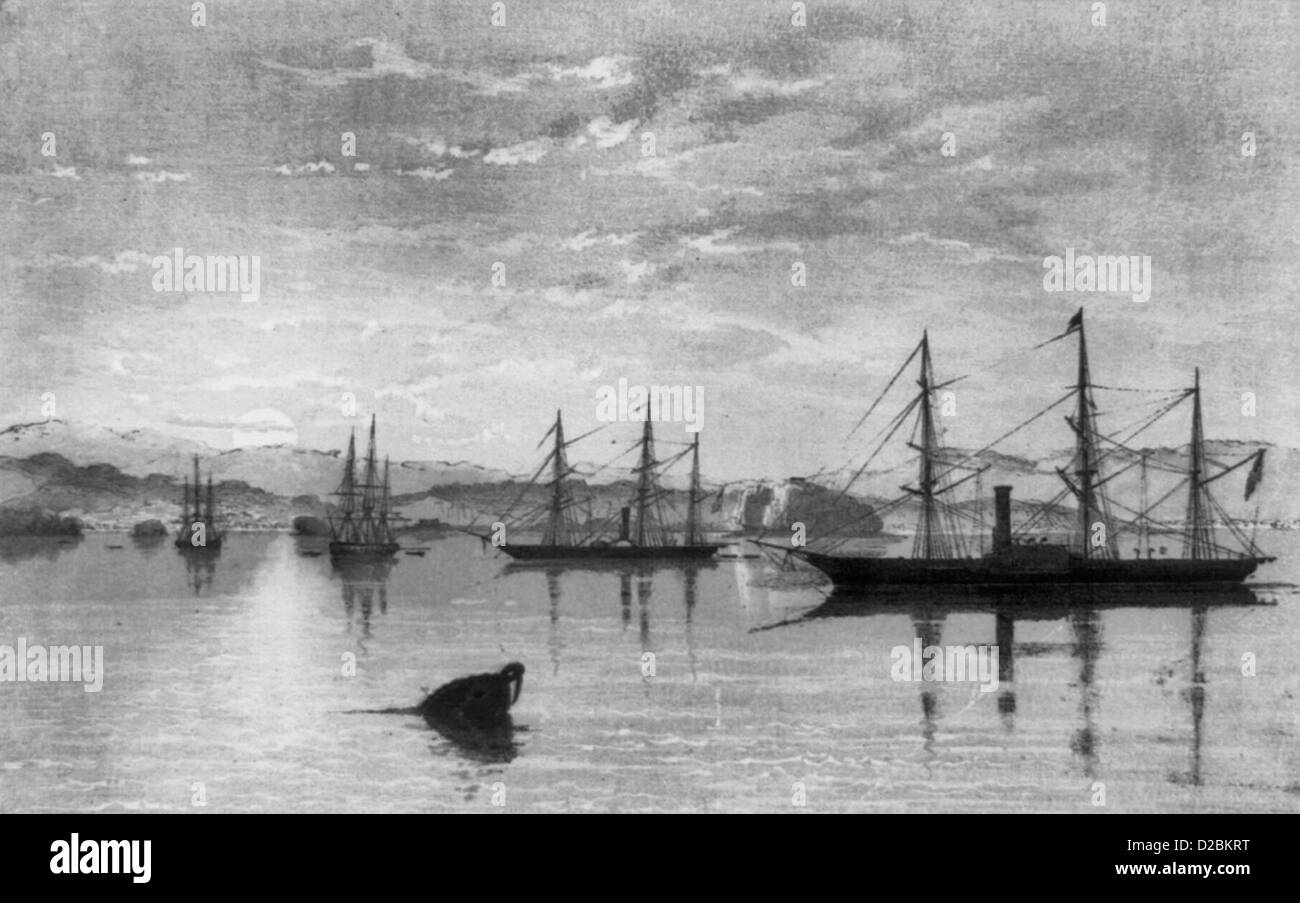 Napha, Japan from the sea during Commodore Perry's expedition to Japan, circa 1853 Stock Photo